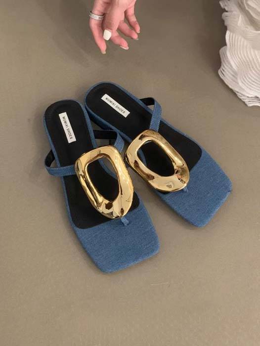 Mules with Sculptural Gold Hardware — Flat Faux Leather Square Toe for Women