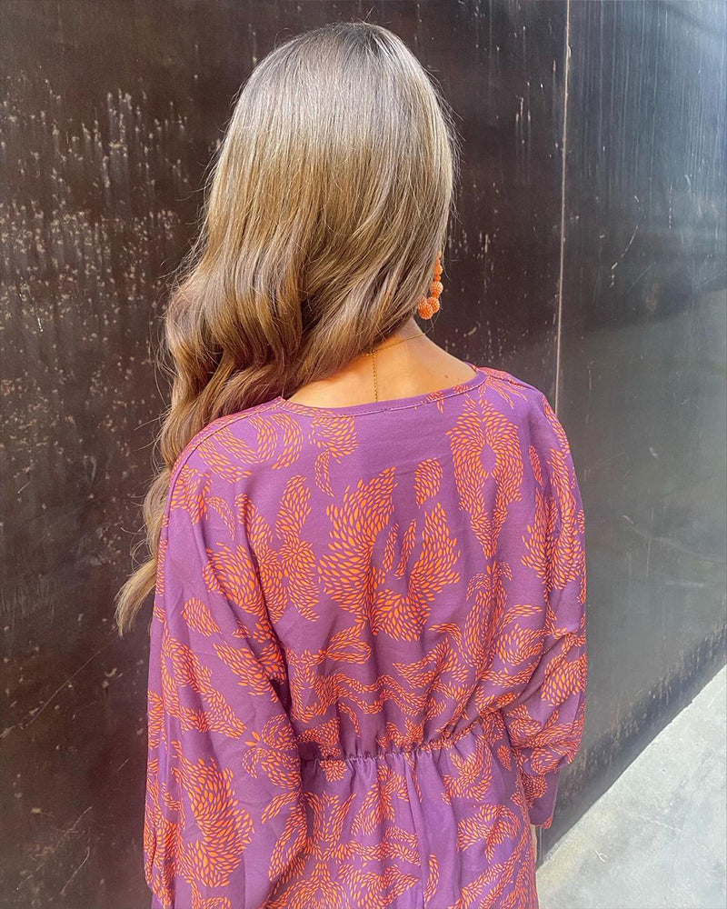 Dress in Viscose Midi — Long Sleeve Twist Front with Deep V-Neck and Botanical Print