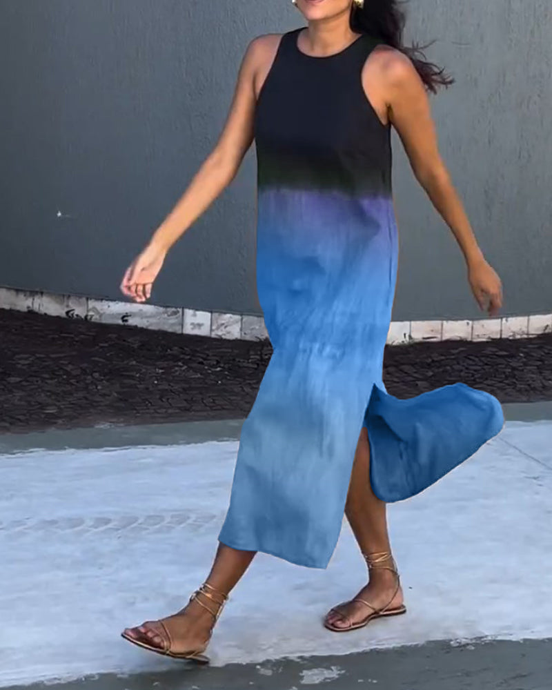 Dress in Viscose Ombre Midi — Sleeveless Crew Neck with Side Slit for Summer