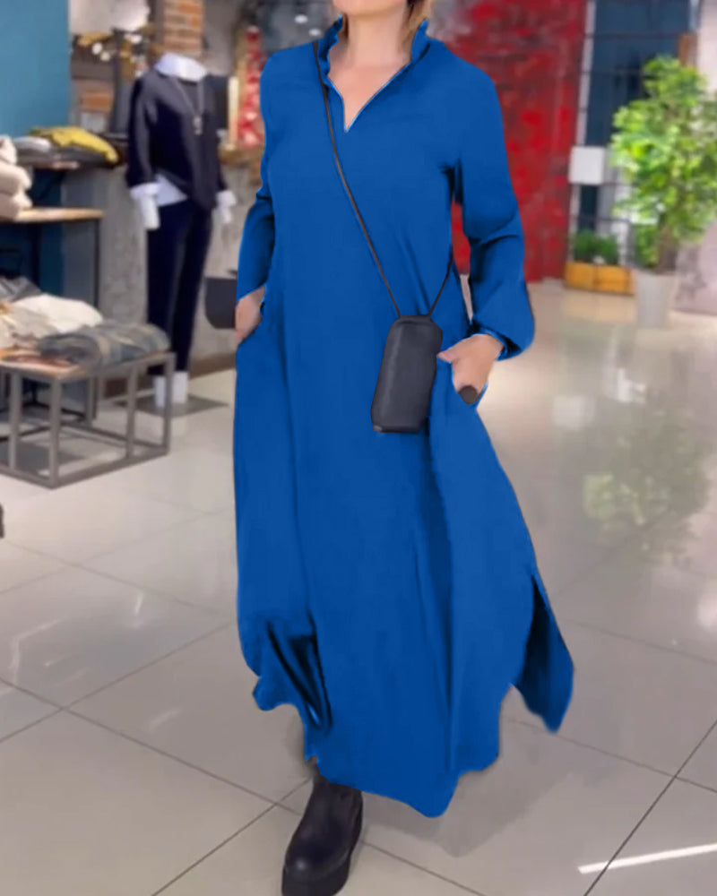 Dress in Linen — Long Sleeve Casual Loose Maxi with Stand Collar and Side Pockets