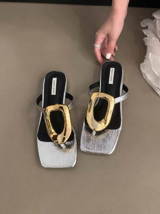 Mules with Sculptural Gold Hardware — Flat Faux Leather Square Toe for Women