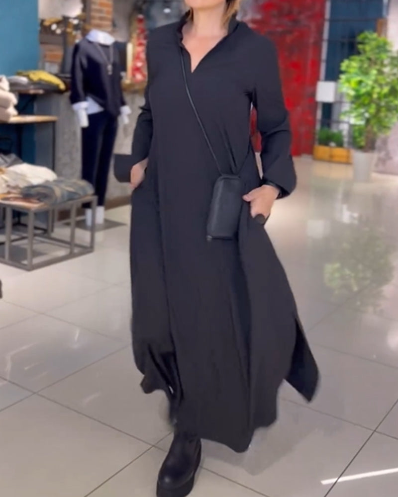 Dress in Linen — Long Sleeve Casual Loose Maxi with Stand Collar and Side Pockets
