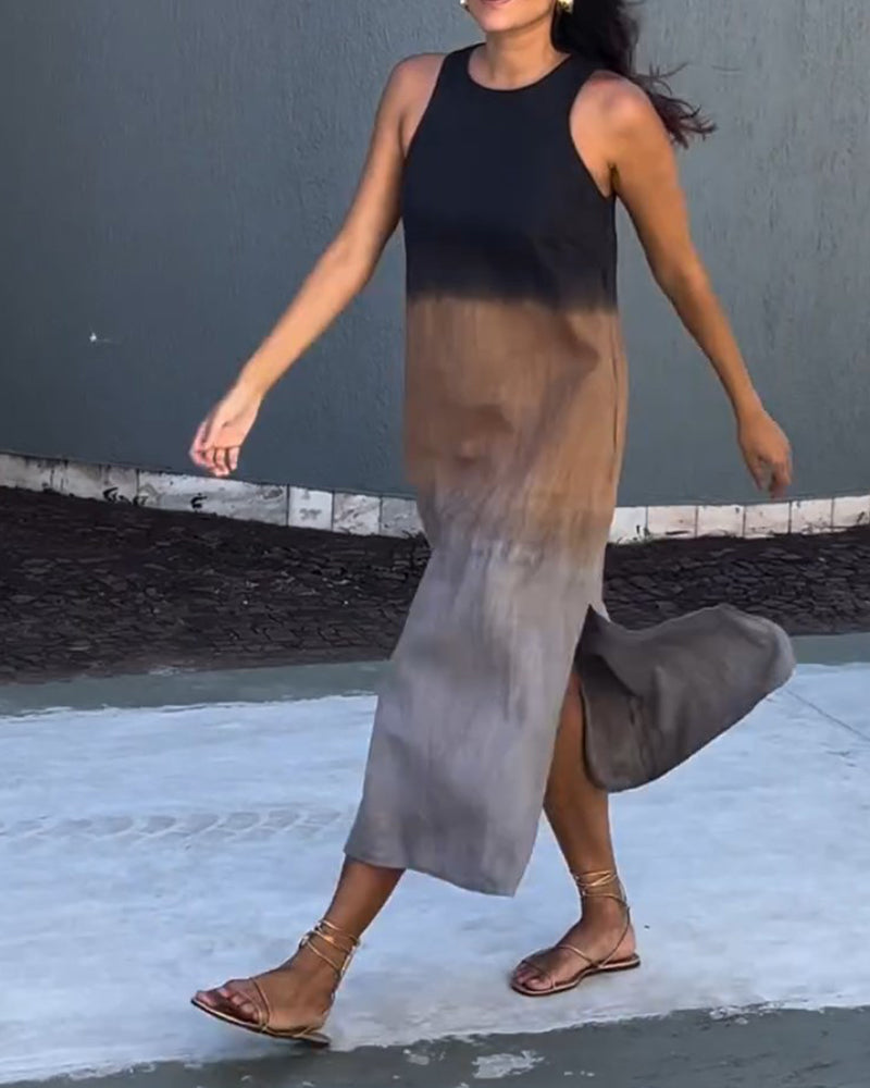 Dress in Viscose Ombre Midi — Sleeveless Crew Neck with Side Slit for Summer