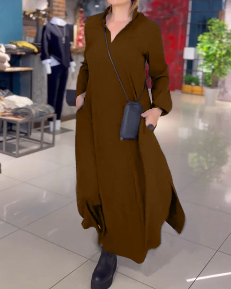 Dress in Linen — Long Sleeve Casual Loose Maxi with Stand Collar and Side Pockets