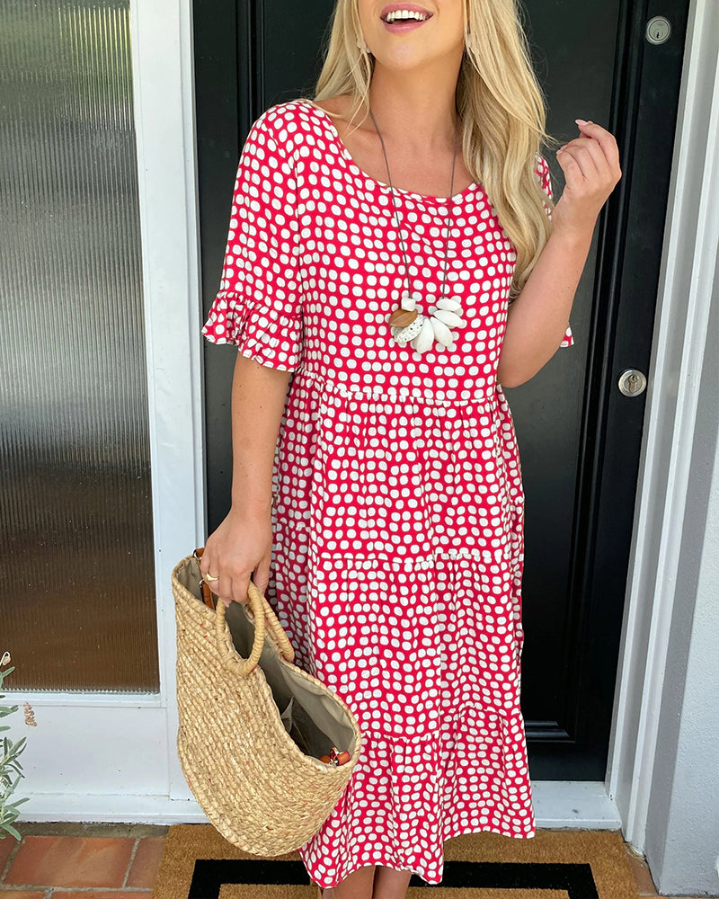 Dress in Viscose — Polka Dot Smocked Waist Midi with Flutter Sleeves and Ruffle Hem
