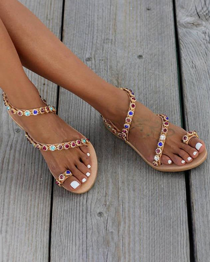 Sandals with Rhinestone Crystal Straps — Flat Jeweled Toe Ring Style for Women