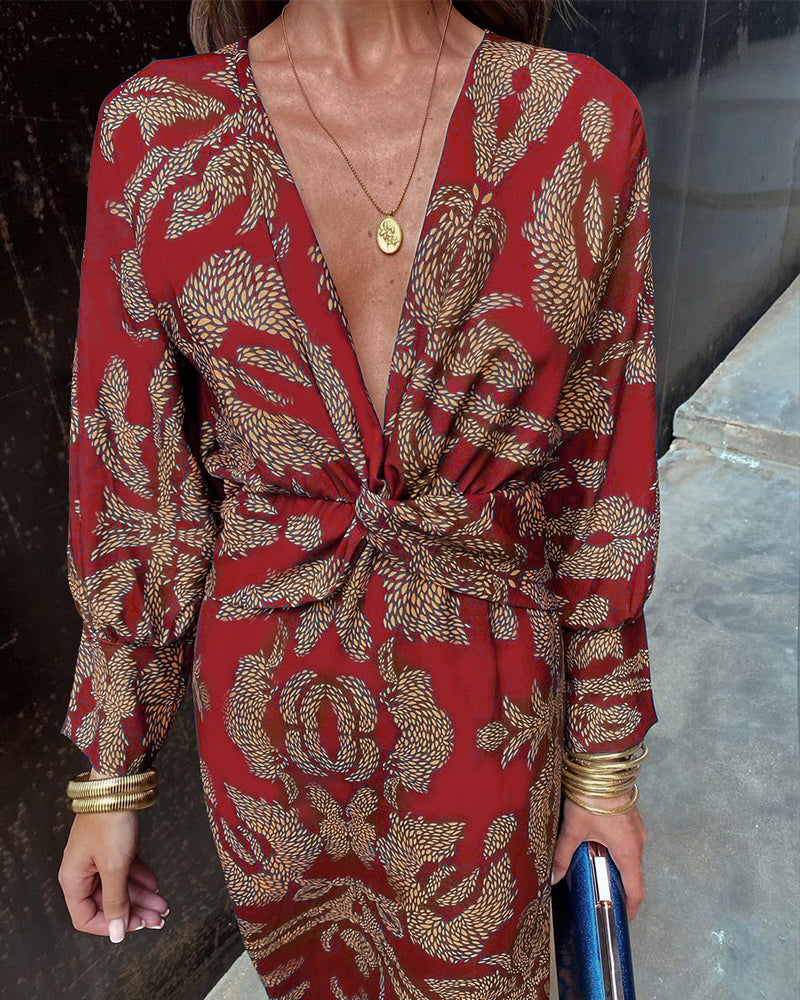 Dress in Viscose Midi — Long Sleeve Twist Front with Deep V-Neck and Botanical Print