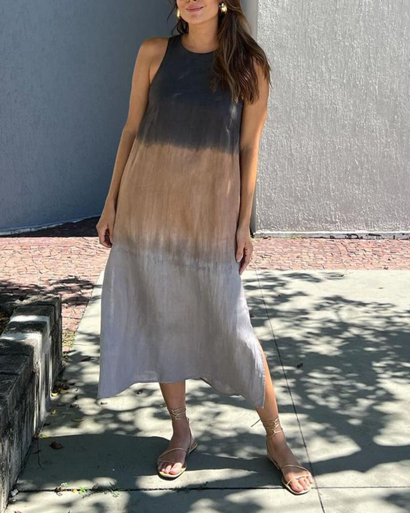 Dress in Viscose Ombre Midi — Sleeveless Crew Neck with Side Slit for Summer