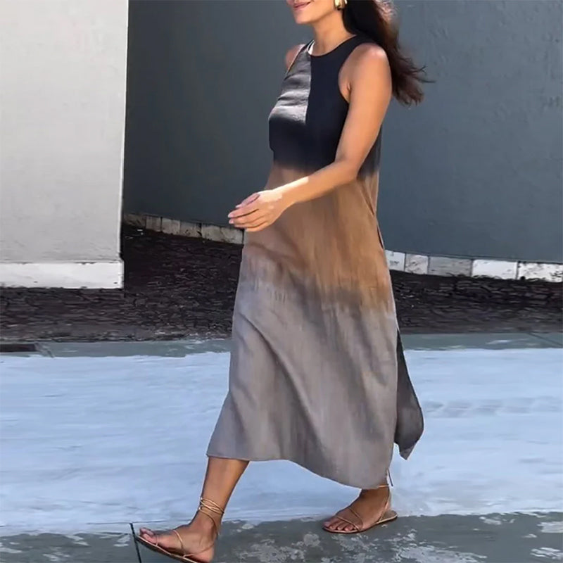 Dress in Viscose Ombre Midi — Sleeveless Crew Neck with Side Slit for Summer