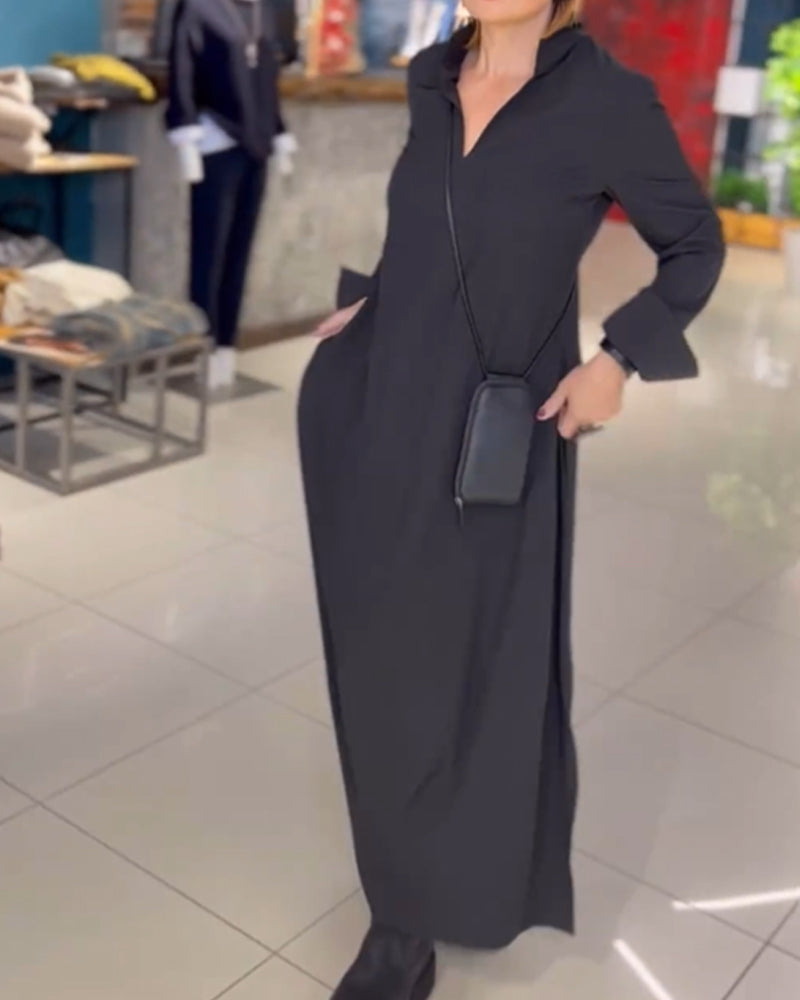 Dress in Linen — Long Sleeve Casual Loose Maxi with Stand Collar and Side Pockets