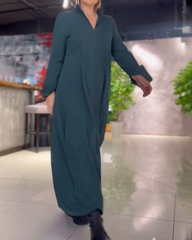 Dress in Linen — Long Sleeve Casual Loose Maxi with Stand Collar and Side Pockets