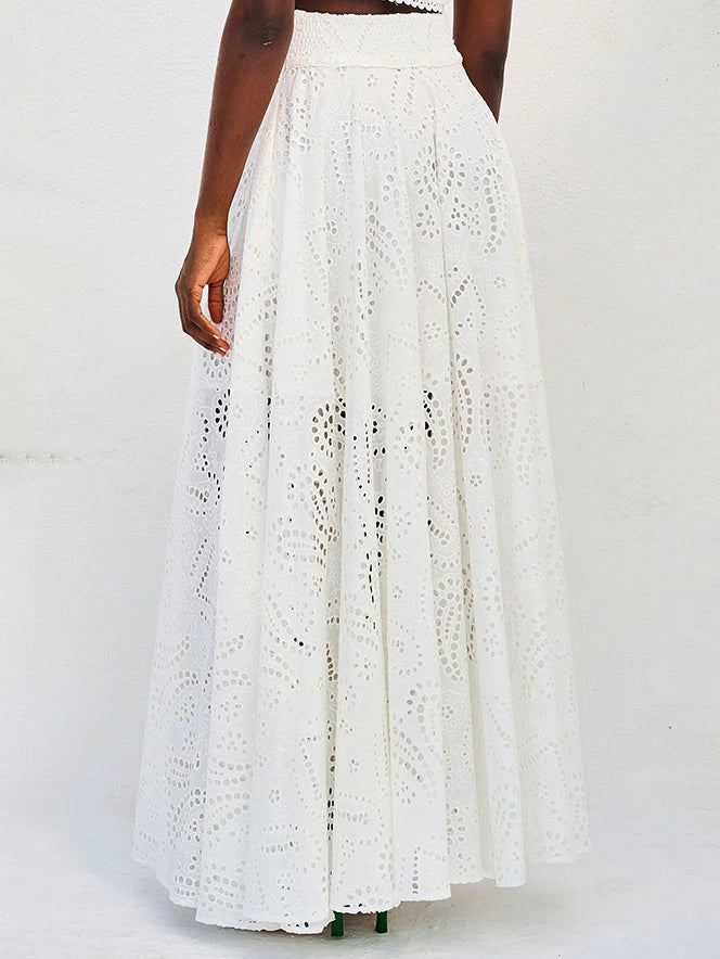 Skirt in Cotton — High Waist Eyelet Lace Maxi in Full A-Line for Boho Summer Style