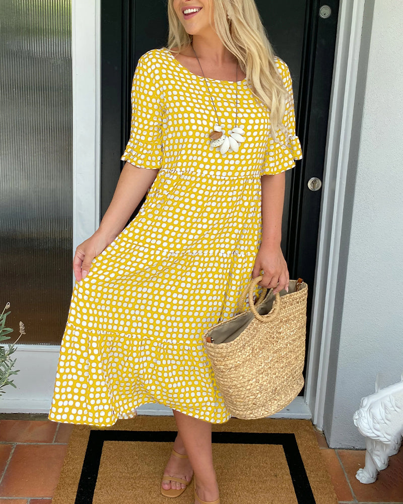 Dress in Viscose — Polka Dot Smocked Waist Midi with Flutter Sleeves and Ruffle Hem