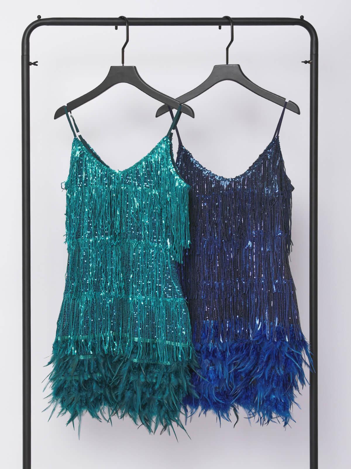 Dress in Sequin — Spaghetti Strap V-Neck Fringe Mini with Feather Hem for Party