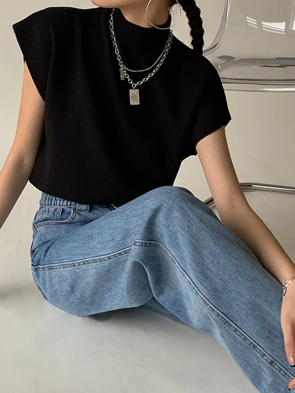 Top in Viscose Knit — Sleeveless Mock Neck with Padded Shoulders for Elegant Everyday Style