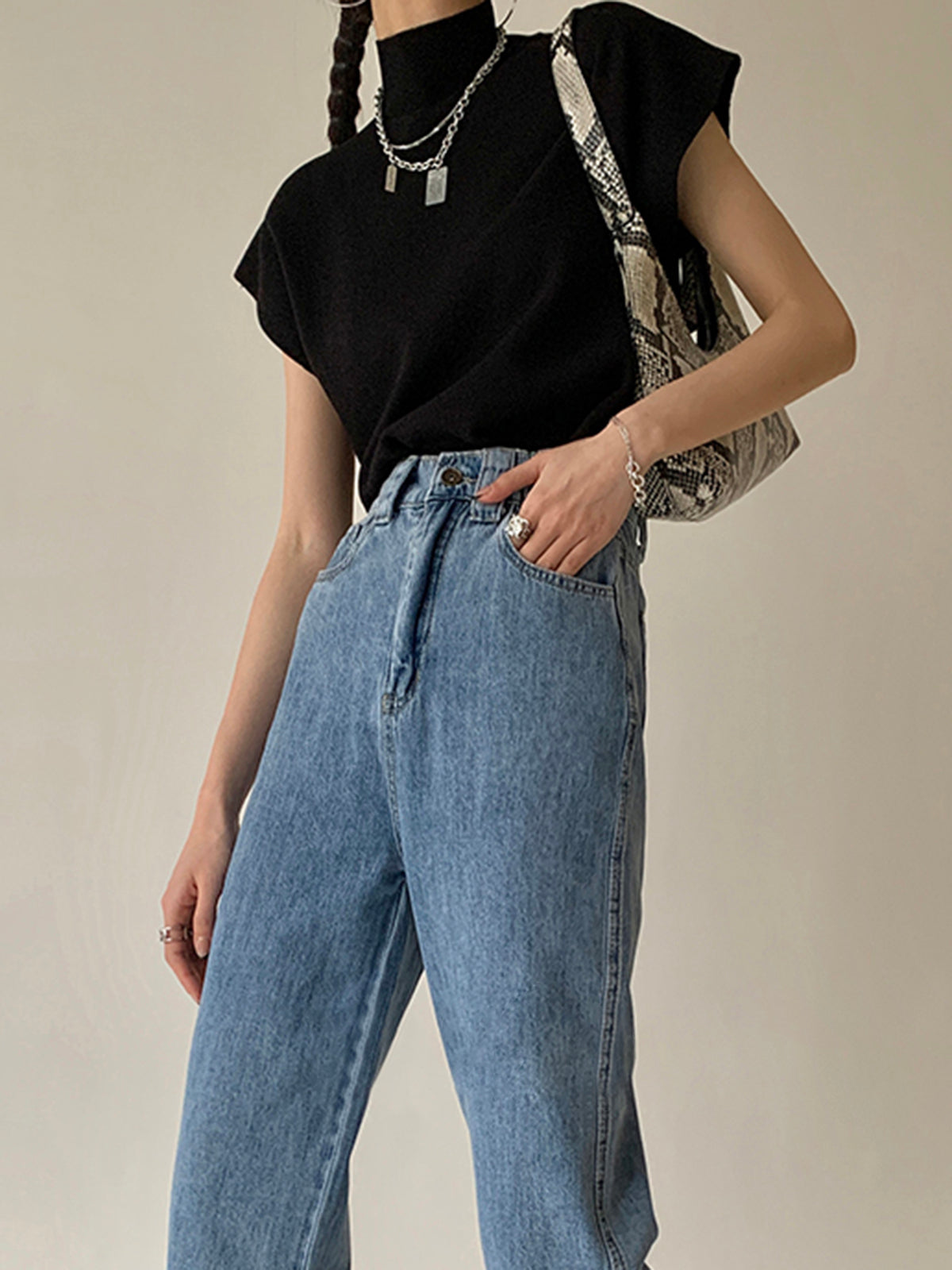 Top in Viscose Knit — Sleeveless Mock Neck with Padded Shoulders for Elegant Everyday Style