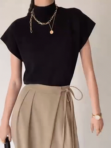 Top in Viscose Knit — Sleeveless Mock Neck with Padded Shoulders for Elegant Everyday Style
