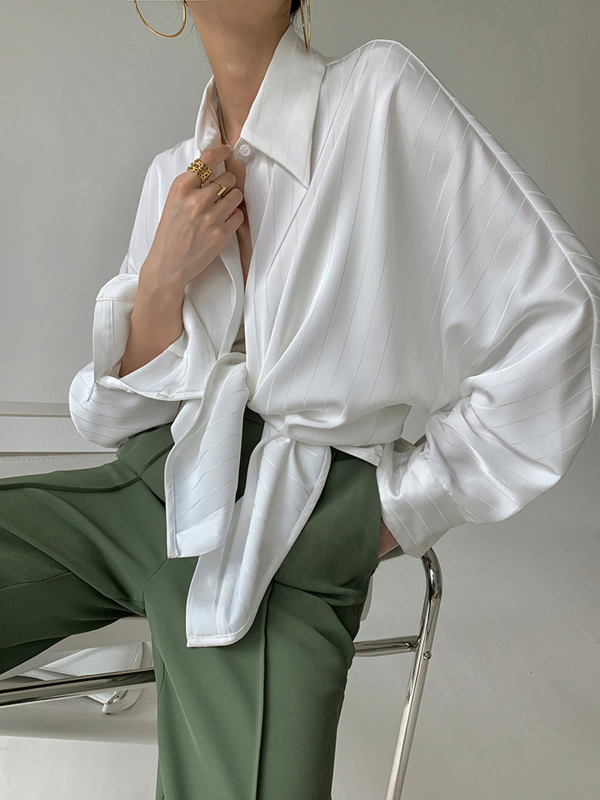 Blouse in Satin — Oversized Long Sleeve Button Down with Tonal Stripe for Elegant Wear