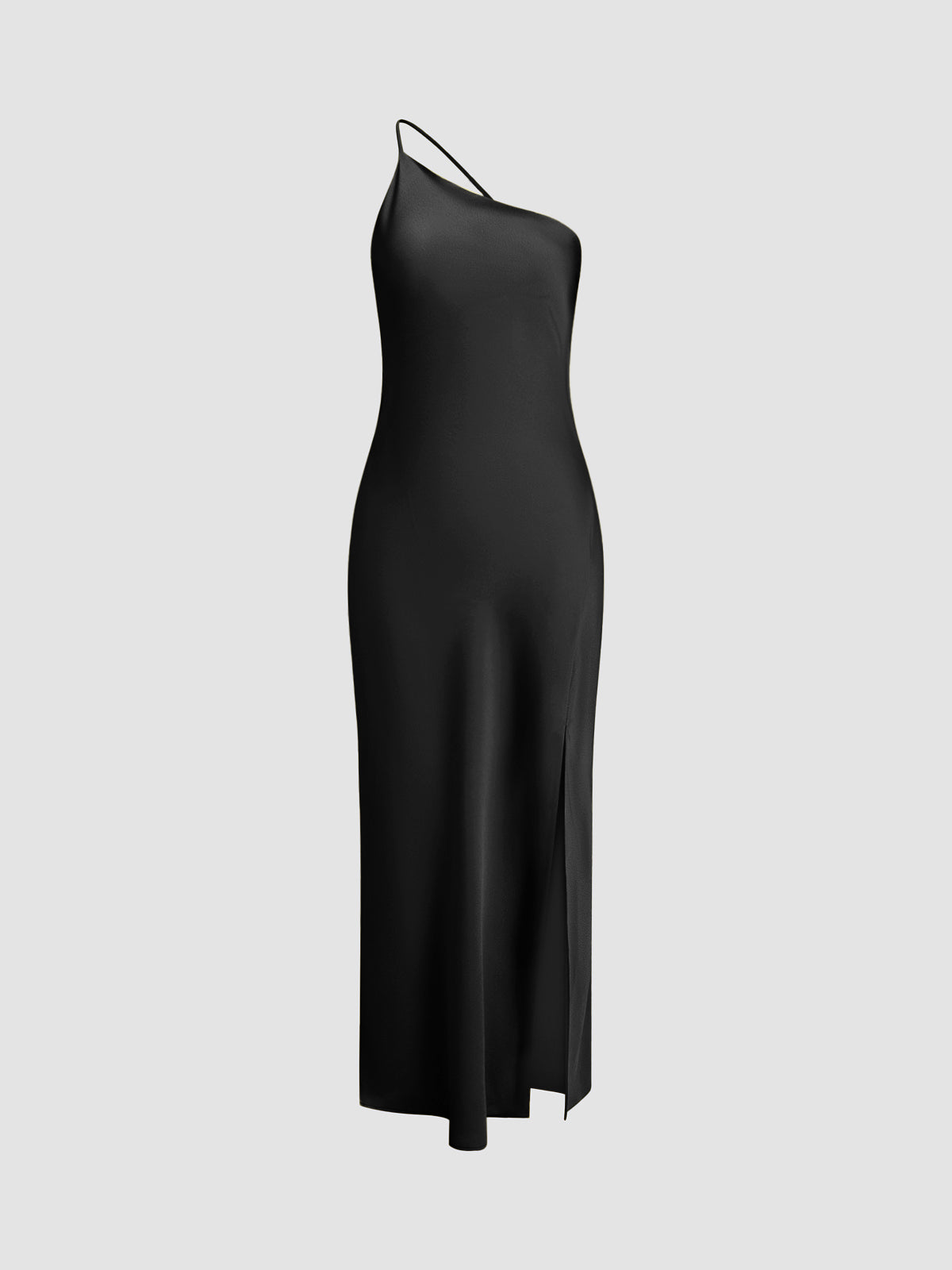 Dress in Satin — One Shoulder Backless Maxi with Cowl Back and High Slit for Evening
