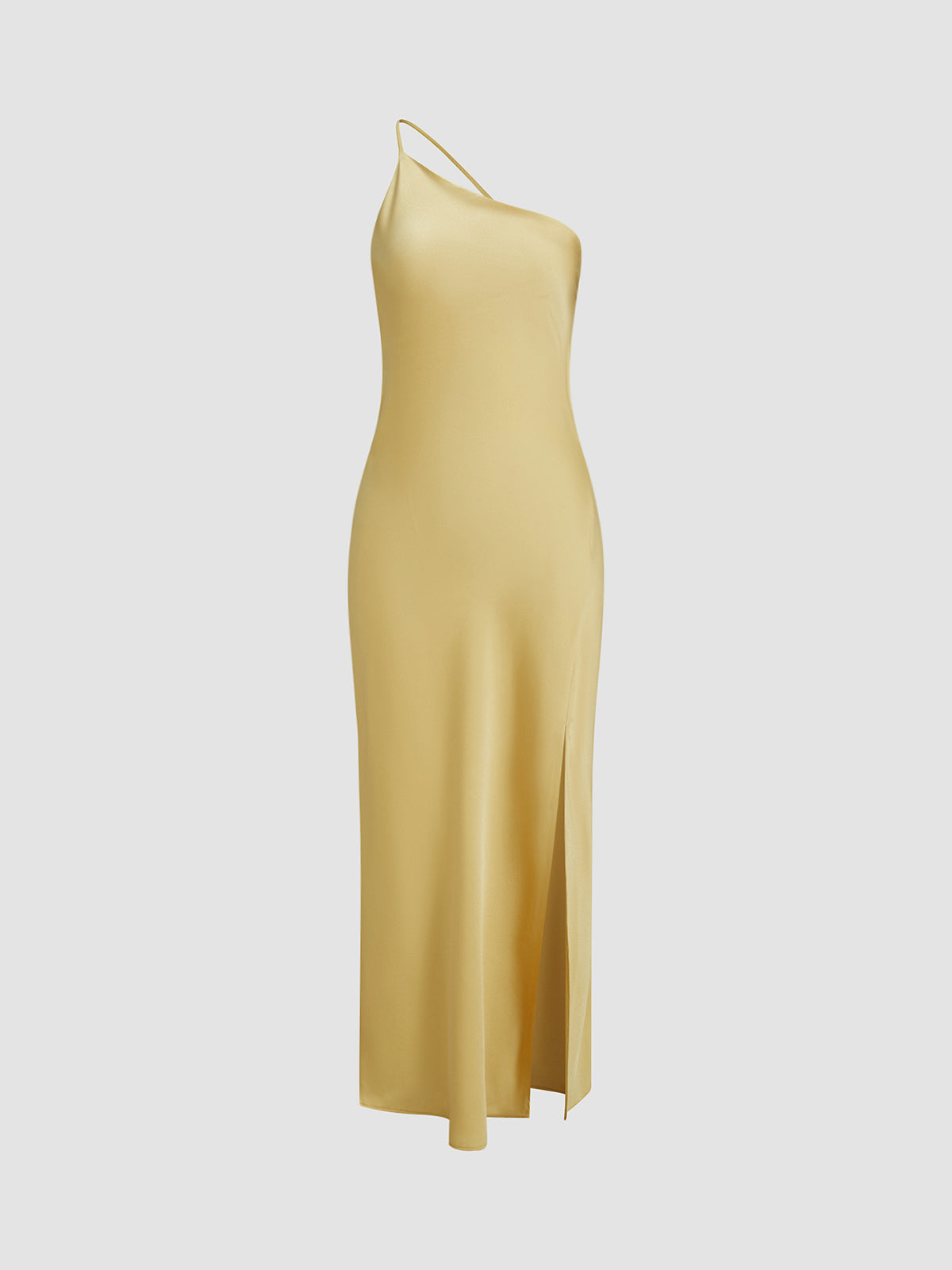 Dress in Satin — One Shoulder Backless Maxi with Cowl Back and High Slit for Evening