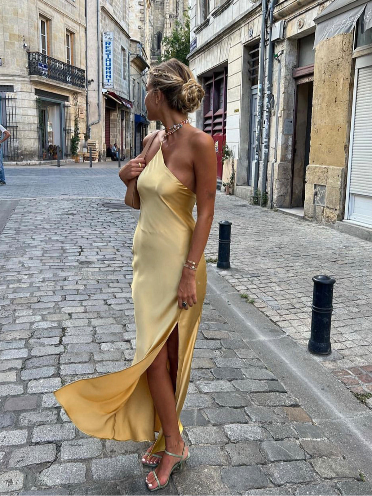 Dress in Satin — One Shoulder Backless Maxi with Cowl Back and High Slit for Evening