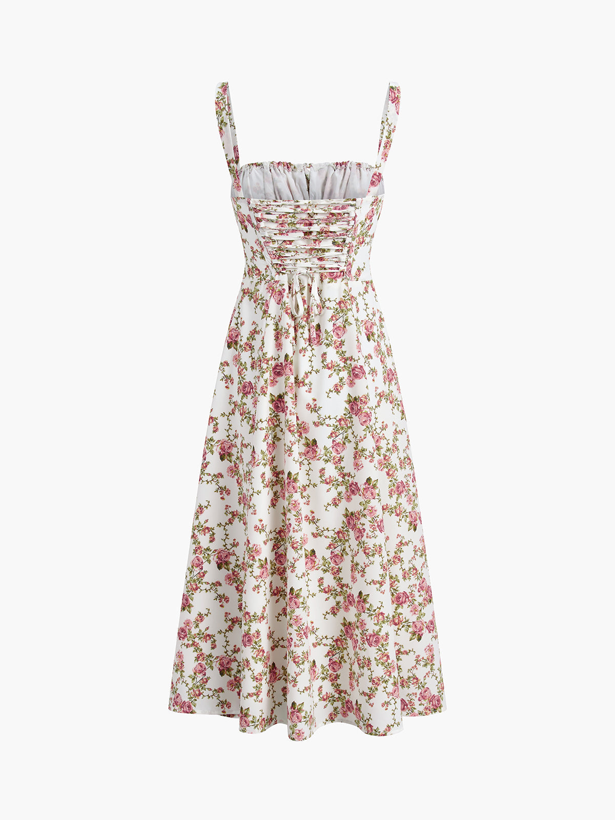 Dress in Cotton — Floral Corset Bodice Midi with Lace-Up Back and High Slit for Summer
