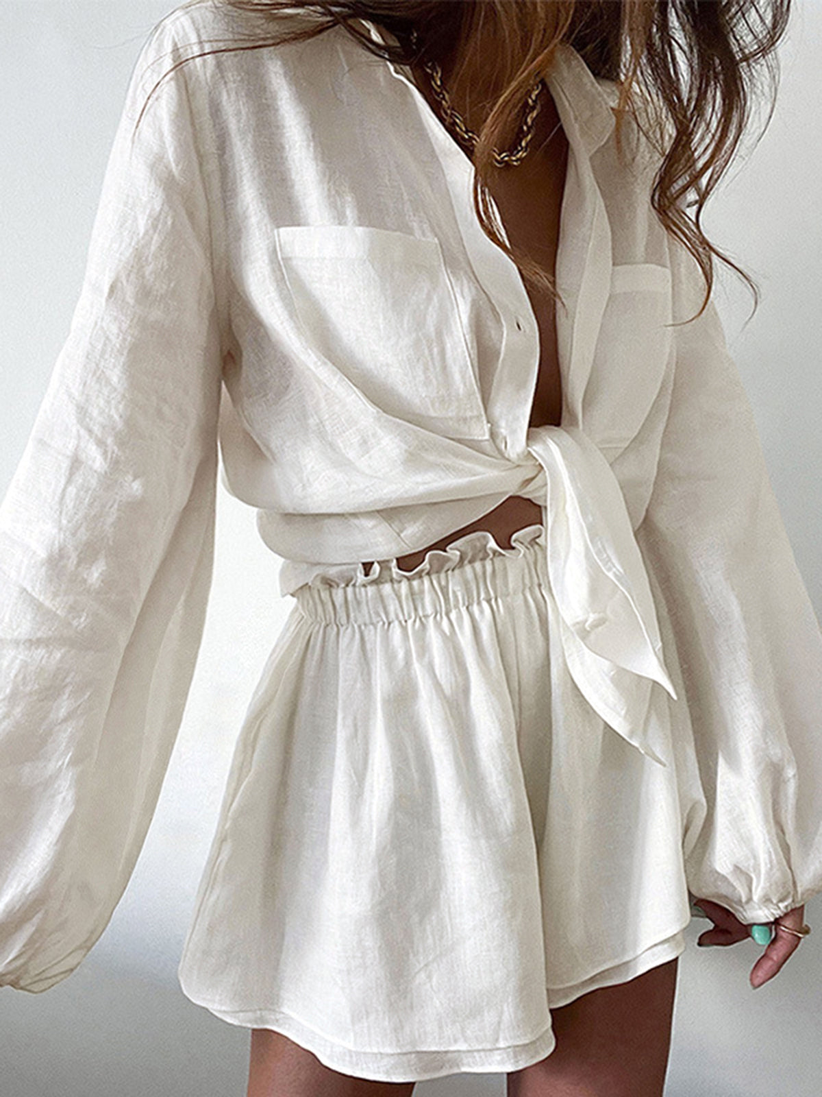 Set in Linen — Oversized Button Shirt with Ruffled Elastic Waist Shorts for Women