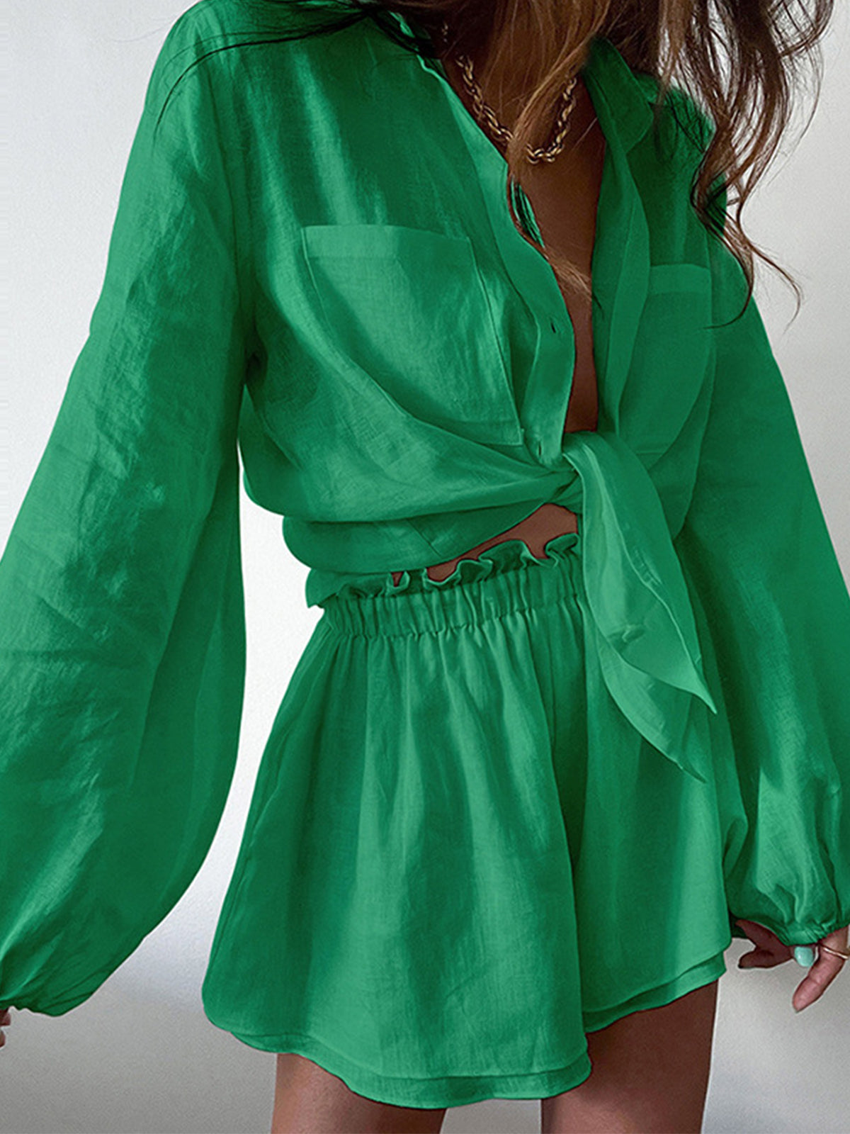 Set in Linen — Oversized Button Shirt with Ruffled Elastic Waist Shorts for Women