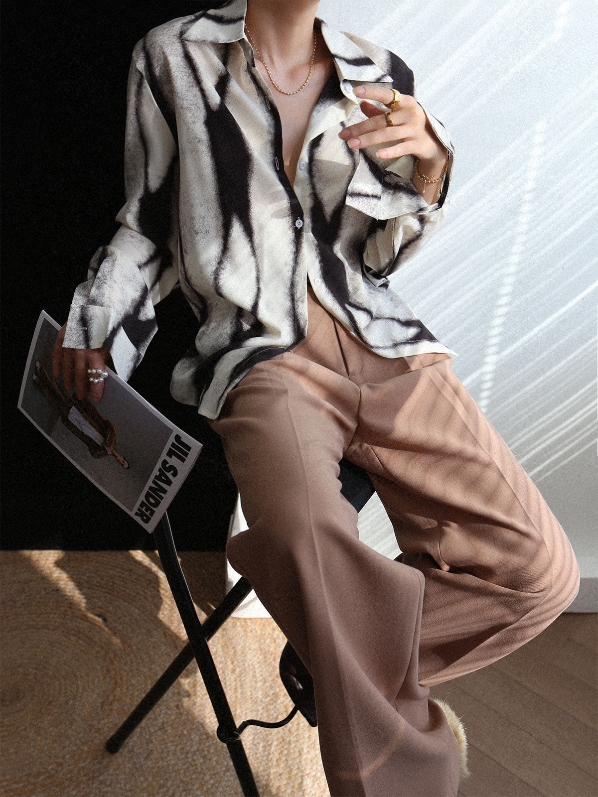 Blouse in Satin — Abstract Ink Print Long Sleeve Oversized Relaxed Fit for Casual and Office Style
