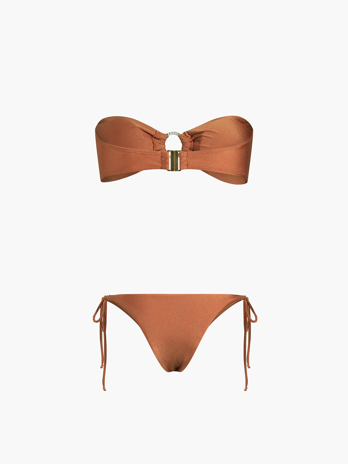 Bikini Set in Metallic Stretch Satin — Strapless Bandeau with O-Ring Center Detail and Tie-Side Bottom