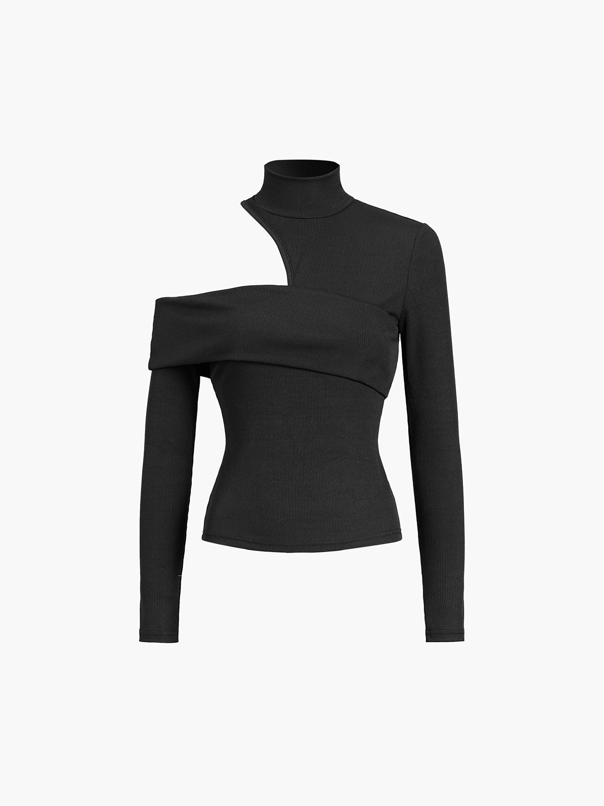 Top in Ribbed Viscose — Turtleneck with Asymmetric Cut Out Shoulder and Long Thumbhole Sleeves