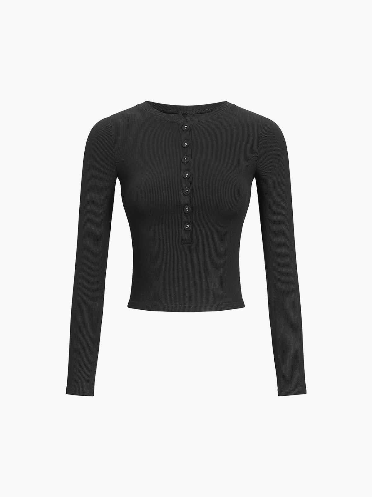 Top in Ribbed Knit — Cropped Long Sleeve Henley with Button Placket for Women