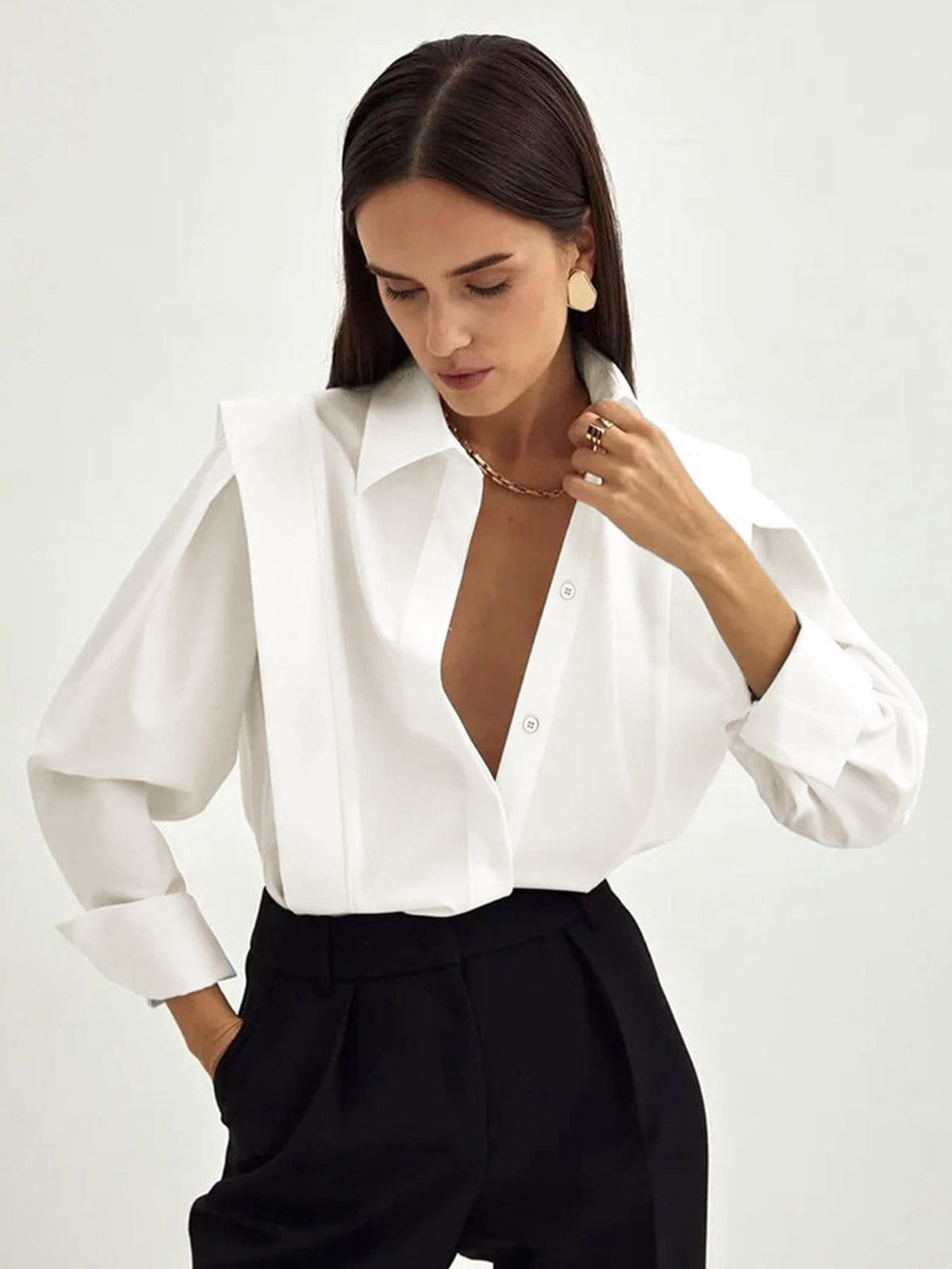 Oversized Blouse | Button Front Long Sleeve | Structured Shoulder Design