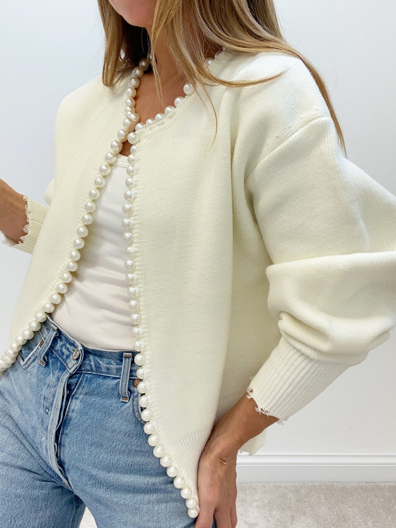 Cardigan in Soft Knit — Open Front Pearl Trim with Relaxed Fit for Women
