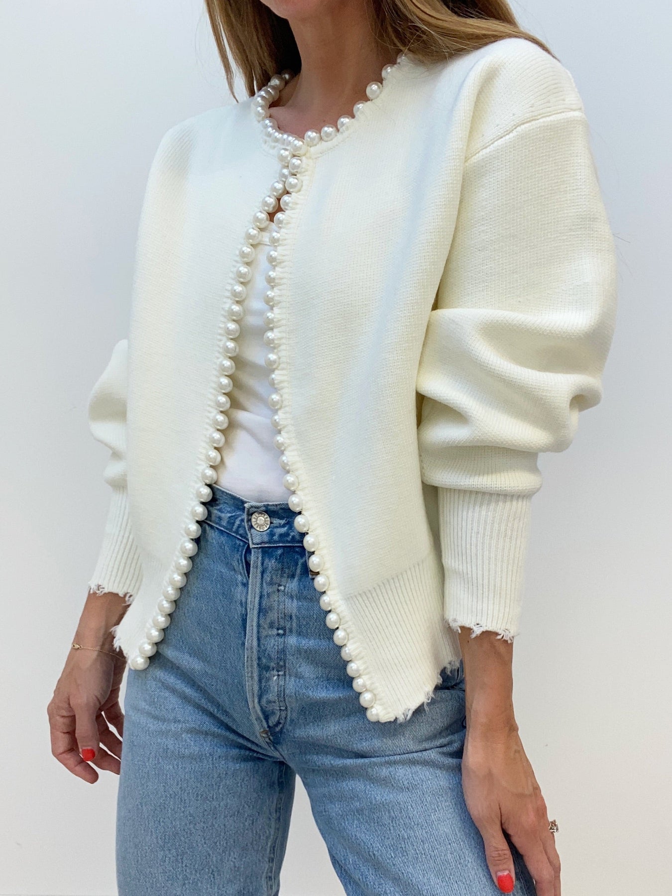 Cardigan in Soft Knit — Open Front Pearl Trim with Relaxed Fit for Women