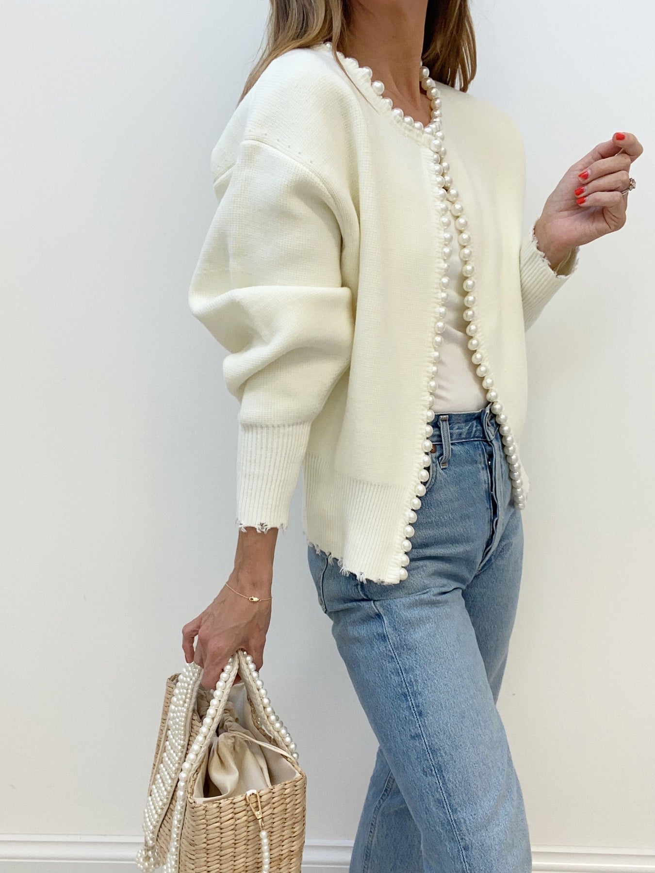 Cardigan in Soft Knit — Open Front Pearl Trim with Relaxed Fit for Women