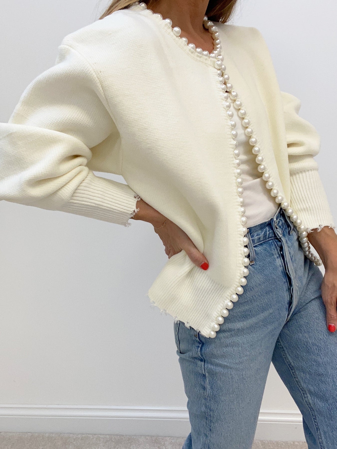 Cardigan in Soft Knit — Open Front Pearl Trim with Relaxed Fit for Women