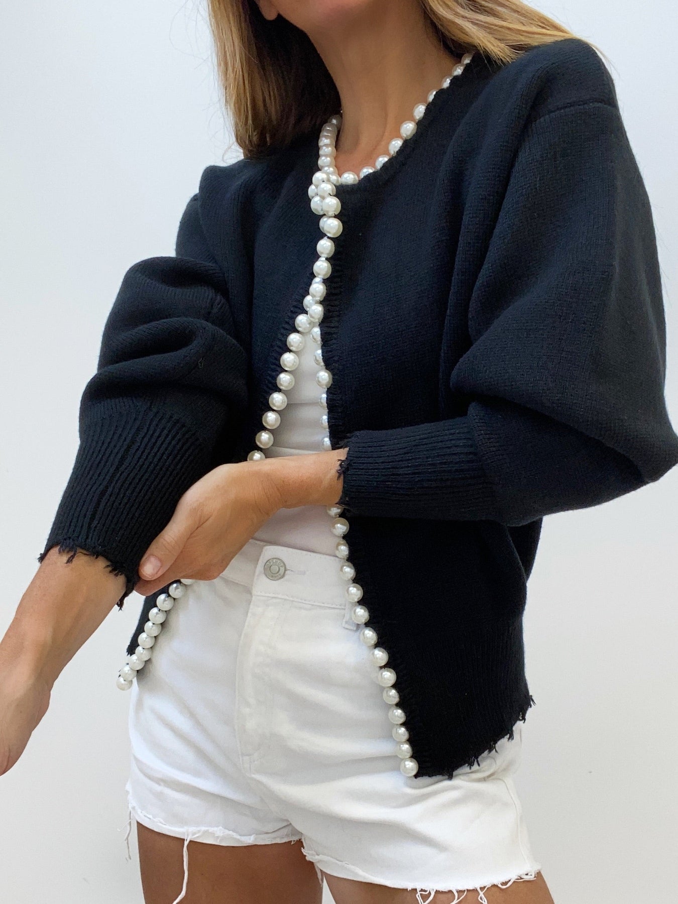 Cardigan in Soft Knit — Open Front Pearl Trim with Relaxed Fit for Women