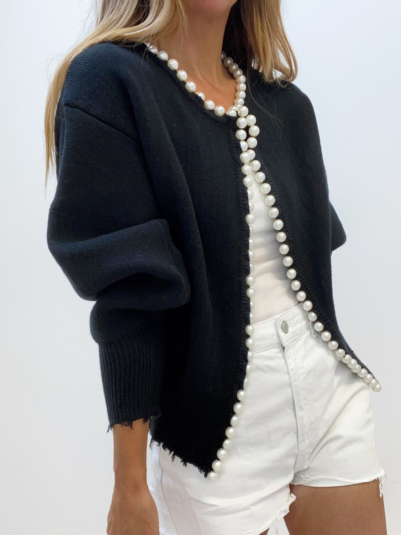 Cardigan in Soft Knit — Open Front Pearl Trim with Relaxed Fit for Women