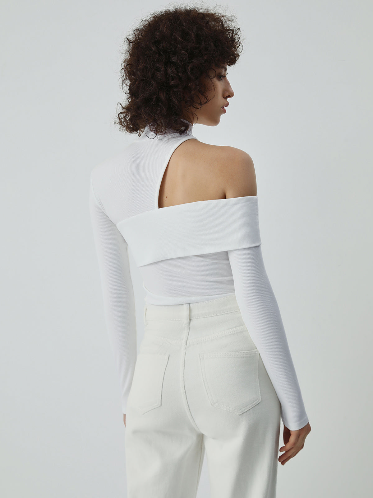 Top in Ribbed Viscose — Turtleneck with Asymmetric Cut Out Shoulder and Long Thumbhole Sleeves