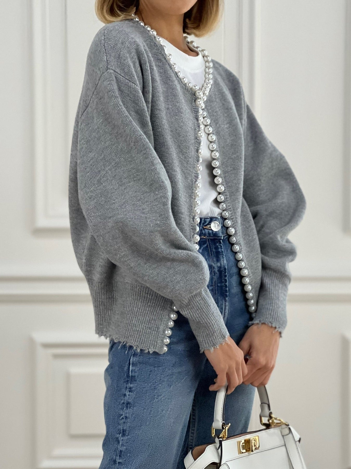 Cardigan in Soft Knit — Open Front Pearl Trim with Relaxed Fit for Women