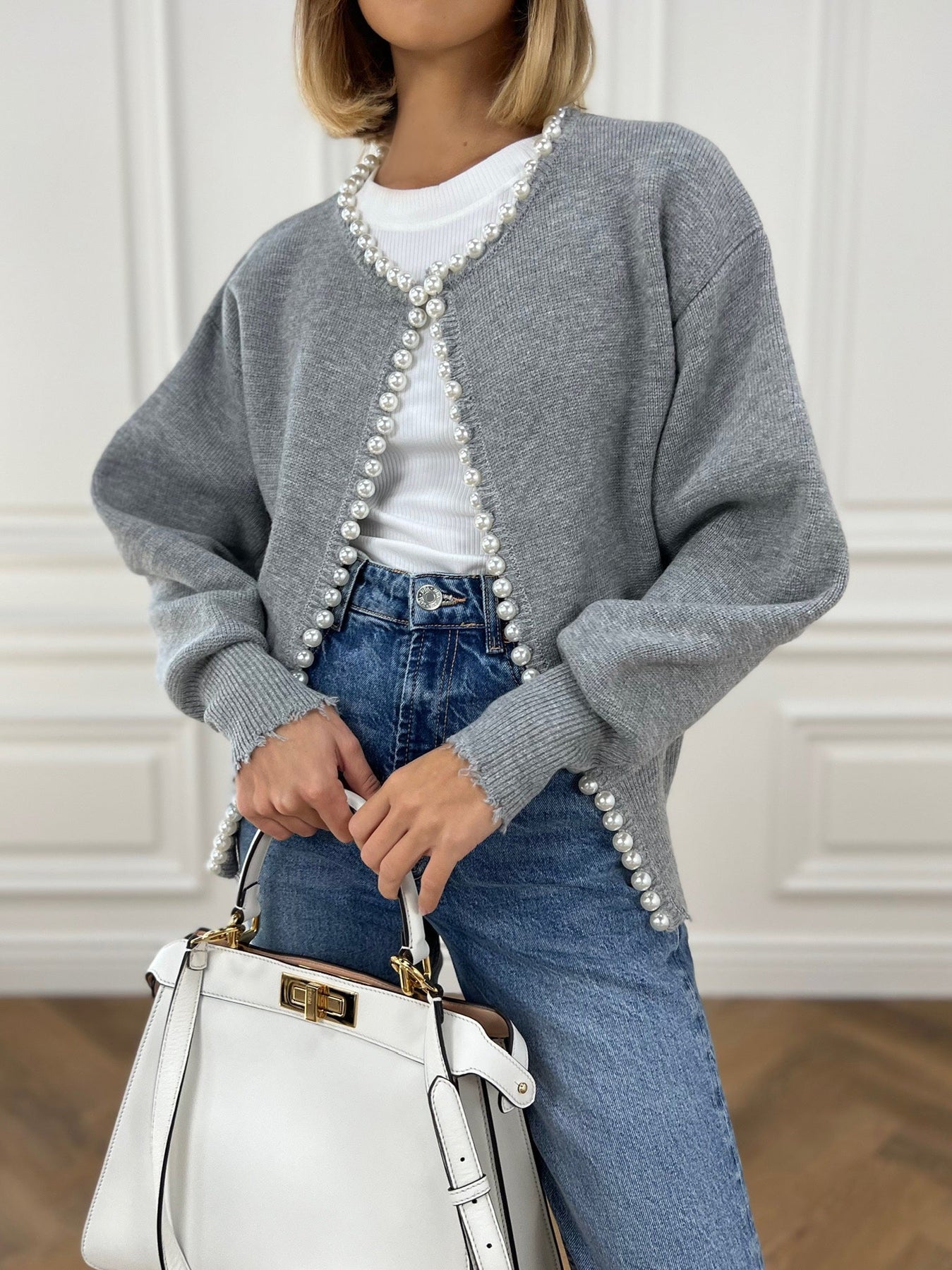 Cardigan in Soft Knit — Open Front Pearl Trim with Relaxed Fit for Women