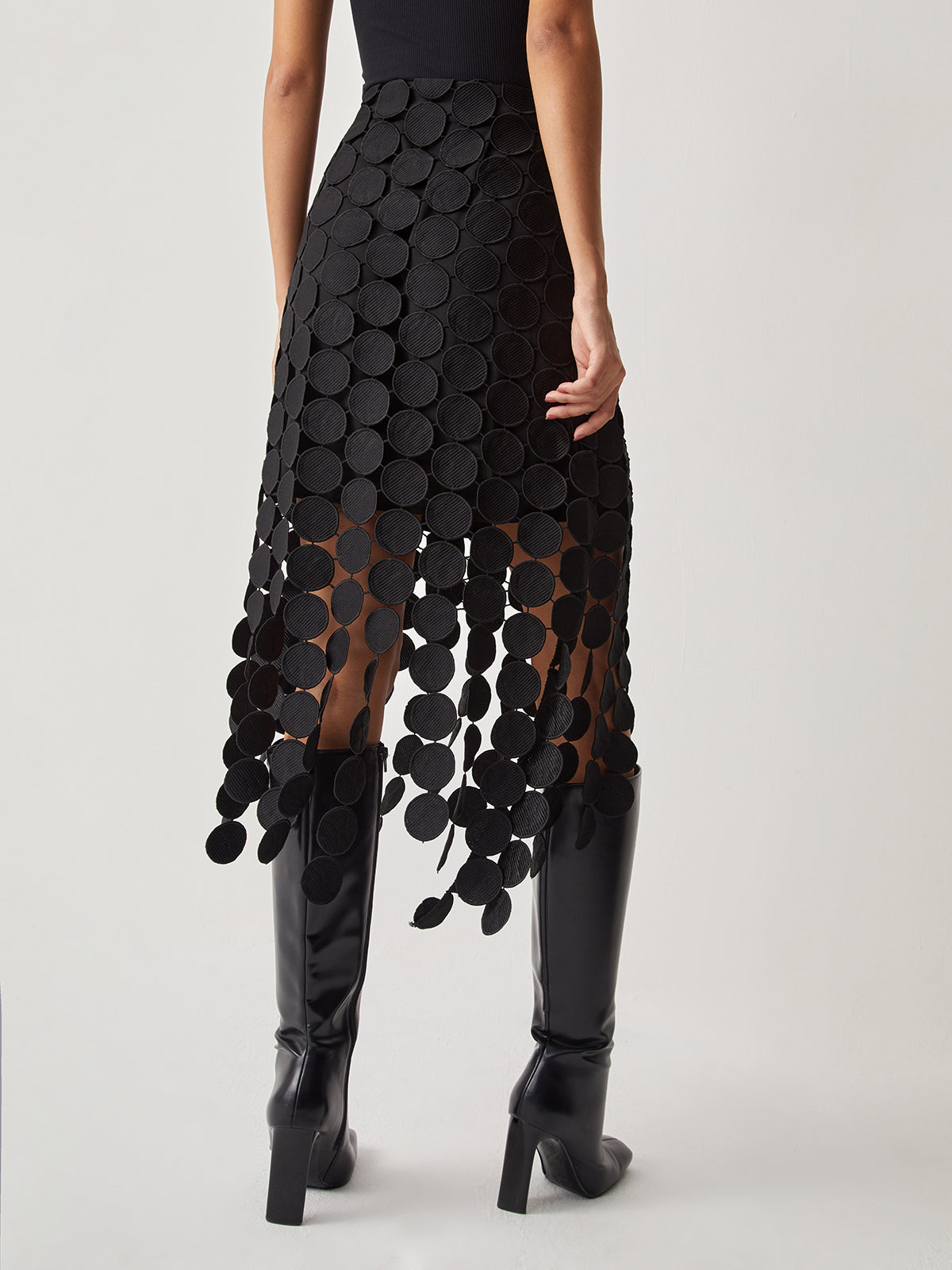 Skirt in Mesh — Midi with Circle Disc Overlay and High Waist for Party Style
