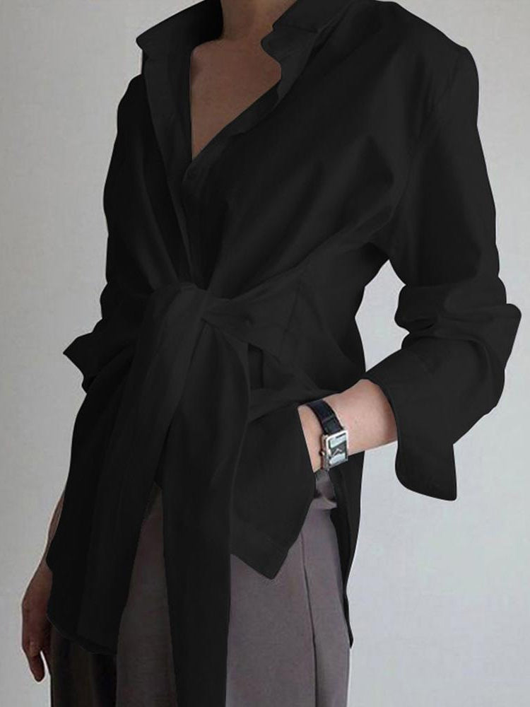 Blouse in Cotton Poplin — Long Sleeve Tie Front with Shirt Collar for Office Wear