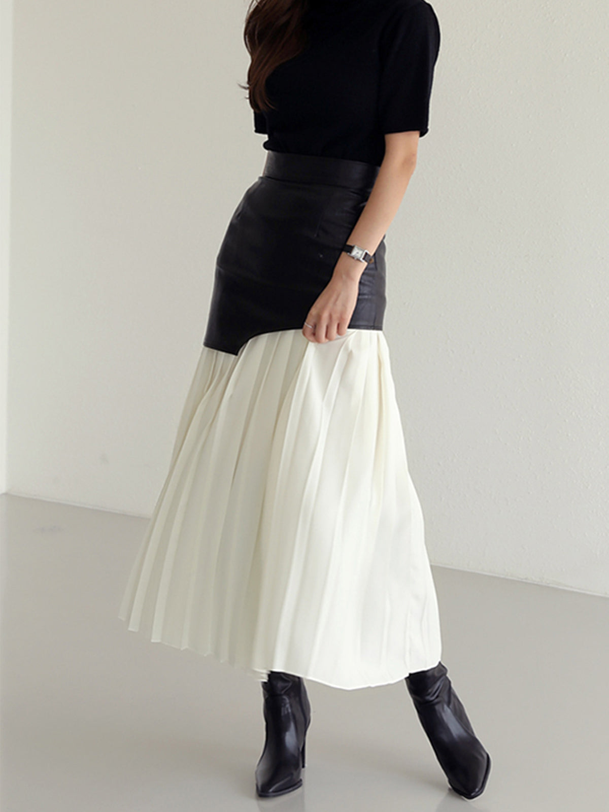 Maxi Skirt | Asymmetric Patchwork | High Waist | Leather Pleated Contrast Panel Design