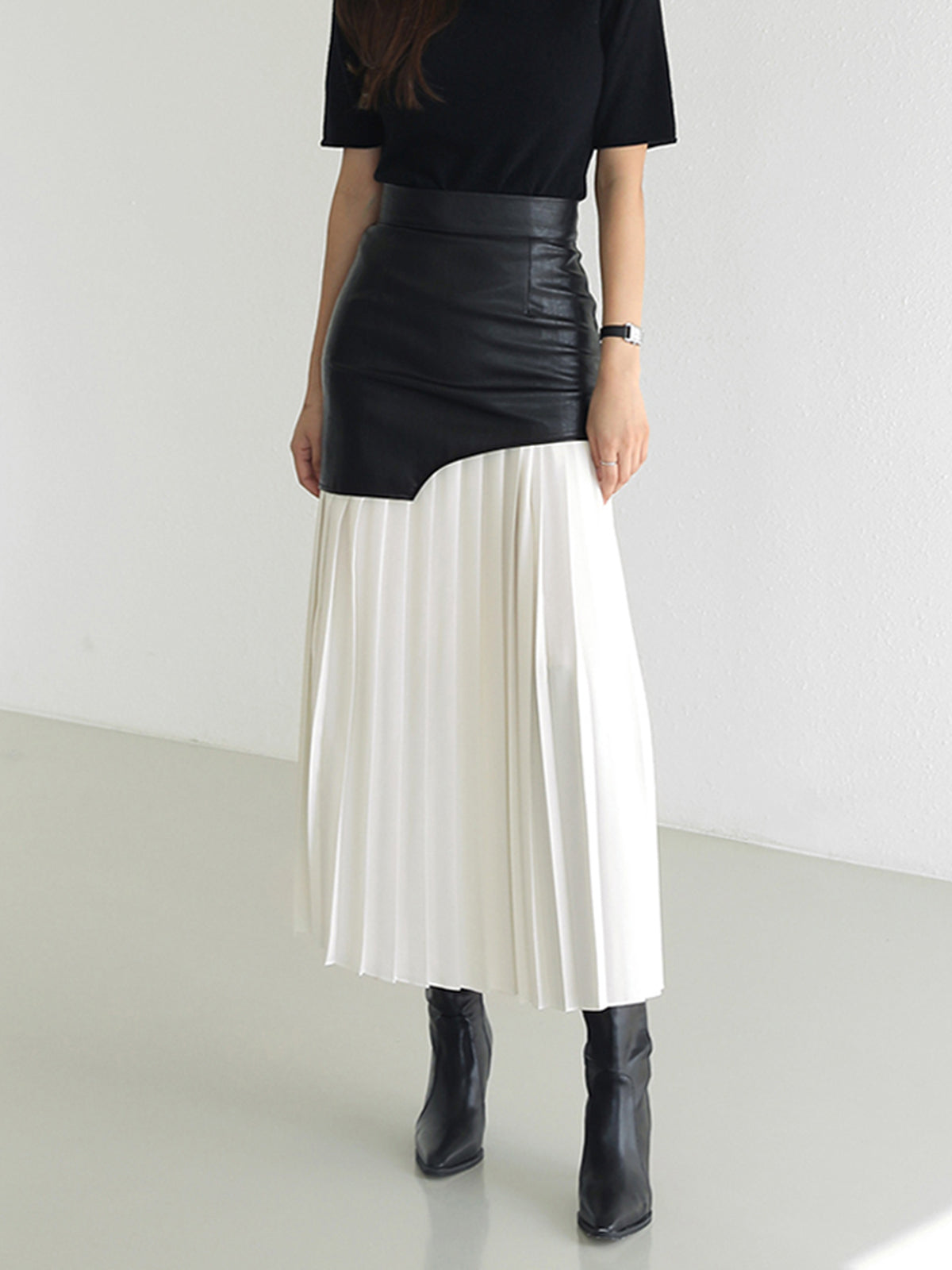 Maxi Skirt | Asymmetric Patchwork | High Waist | Leather Pleated Contrast Panel Design