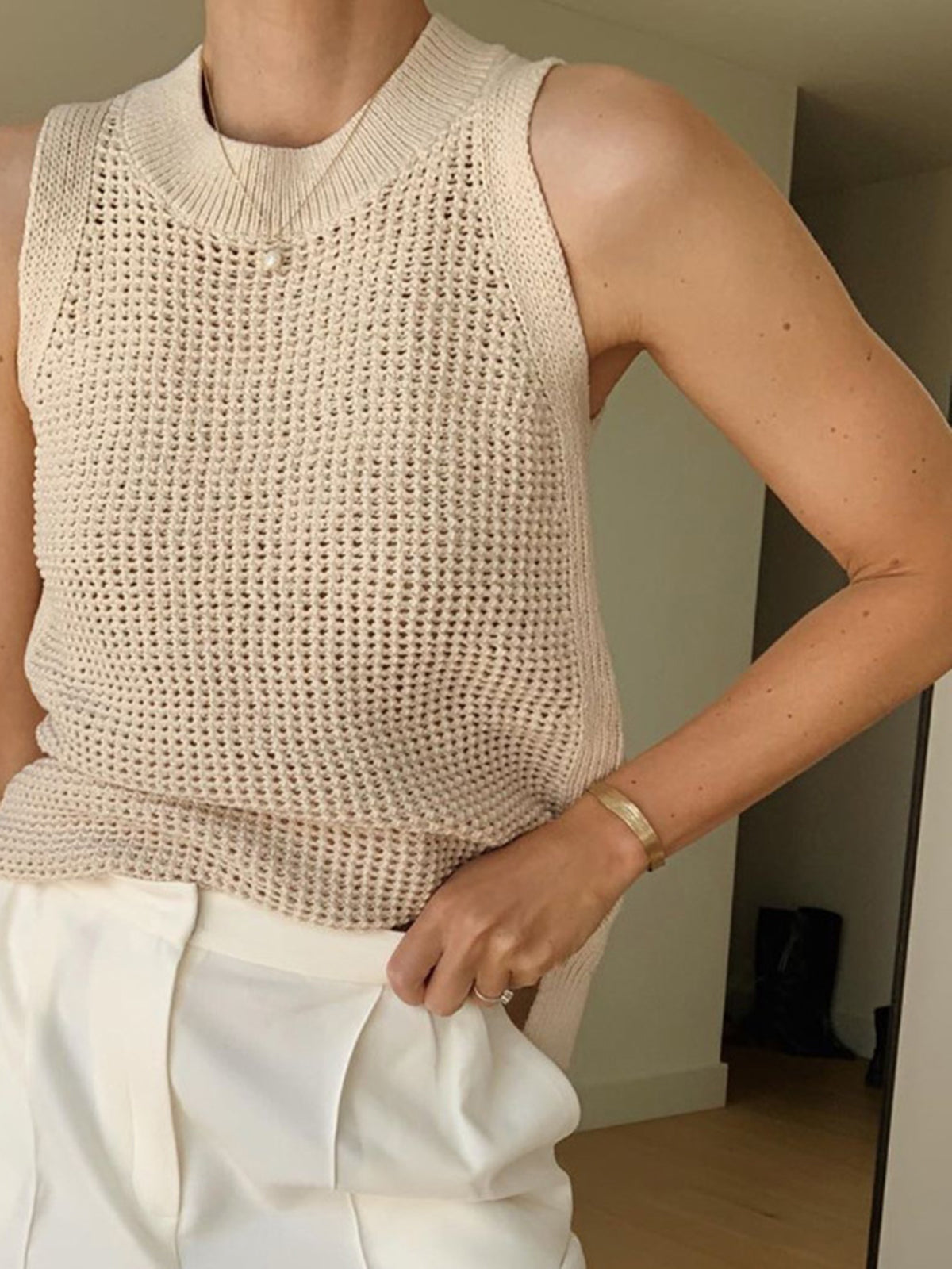 Tank Top in Cotton — Sleeveless Open Knit Crochet with Ribbed Crew Neck for Summer
