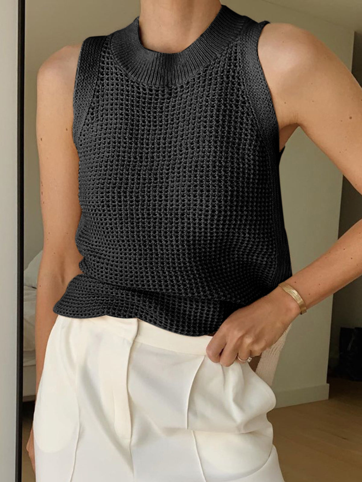 Tank Top in Cotton — Sleeveless Open Knit Crochet with Ribbed Crew Neck for Summer