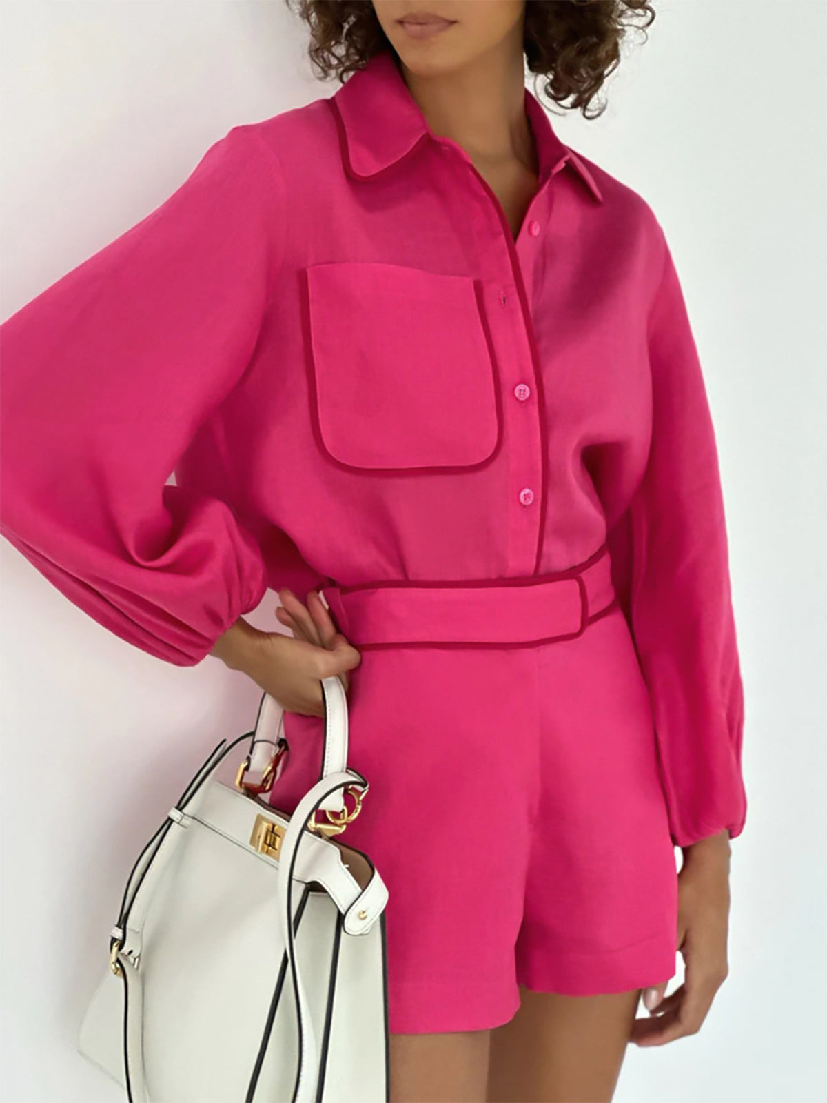 Set in Linen — Oversized Button Shirt with Balloon Cuffs and High Waist Shorts for Women