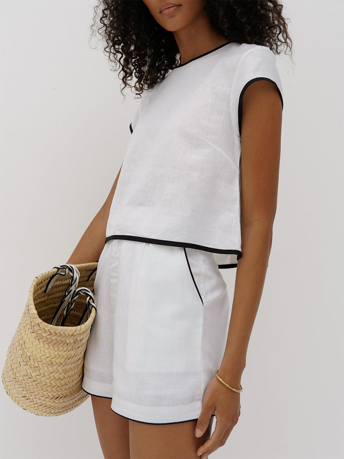 Set in Linen — Cap Sleeve Crop Top and High Waist Shorts with Contrast Piping for Women